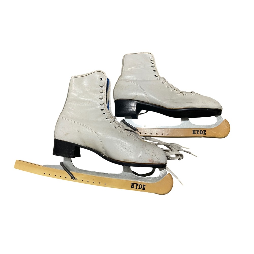 Vintage Hyde Imperial White Leather Figure Skates Women with Blade Guards